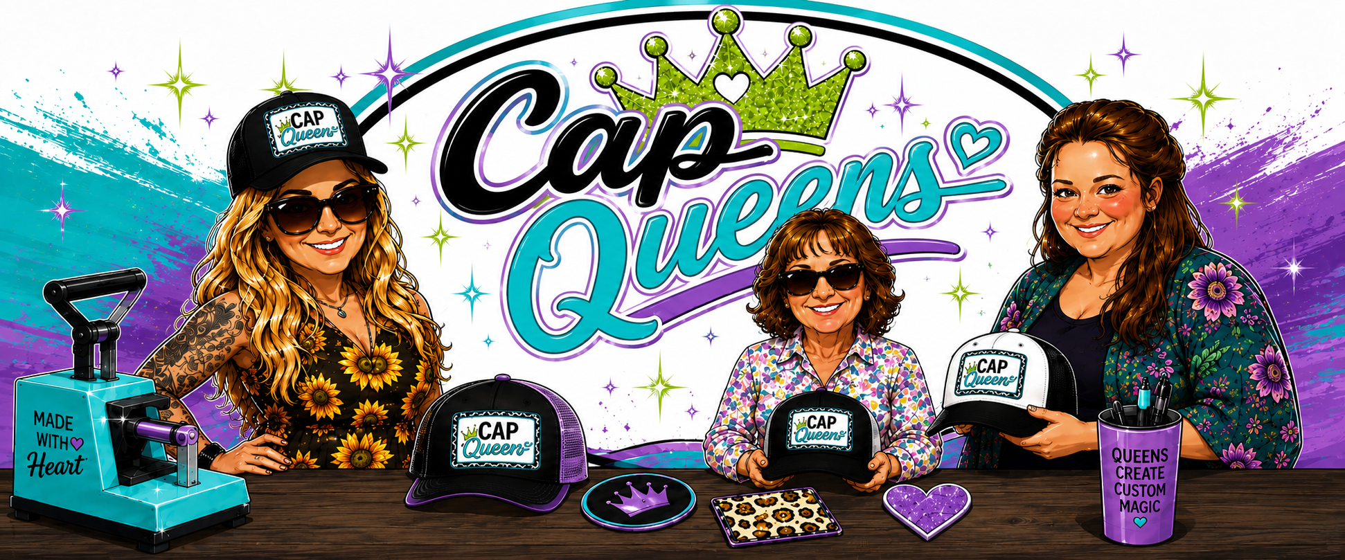 Cap Queens custom patch hat banner with turquoise, lime green and purple accents